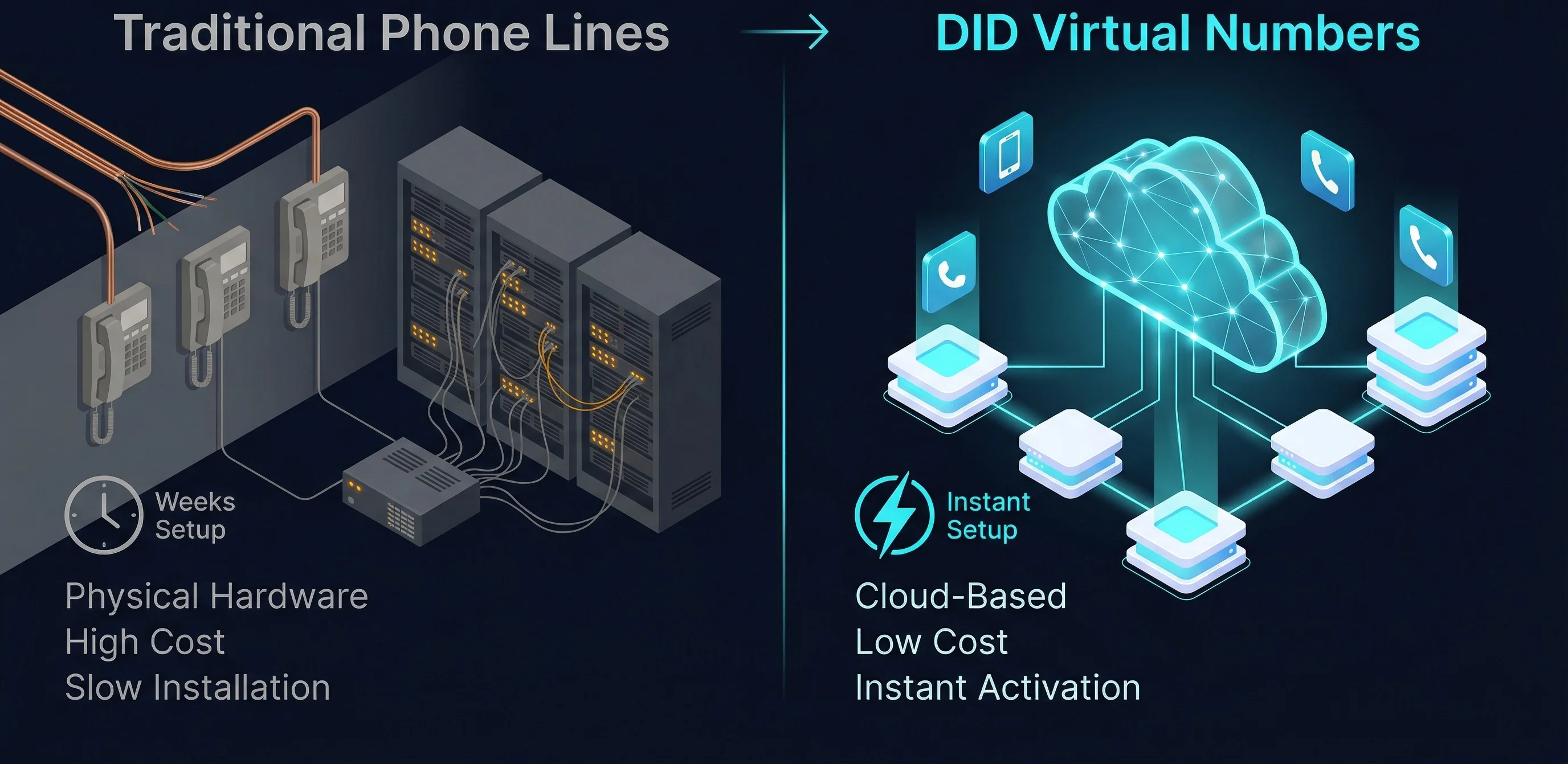 Comparison between traditional phone lines and DID virtual numbers showing cost and setup differences